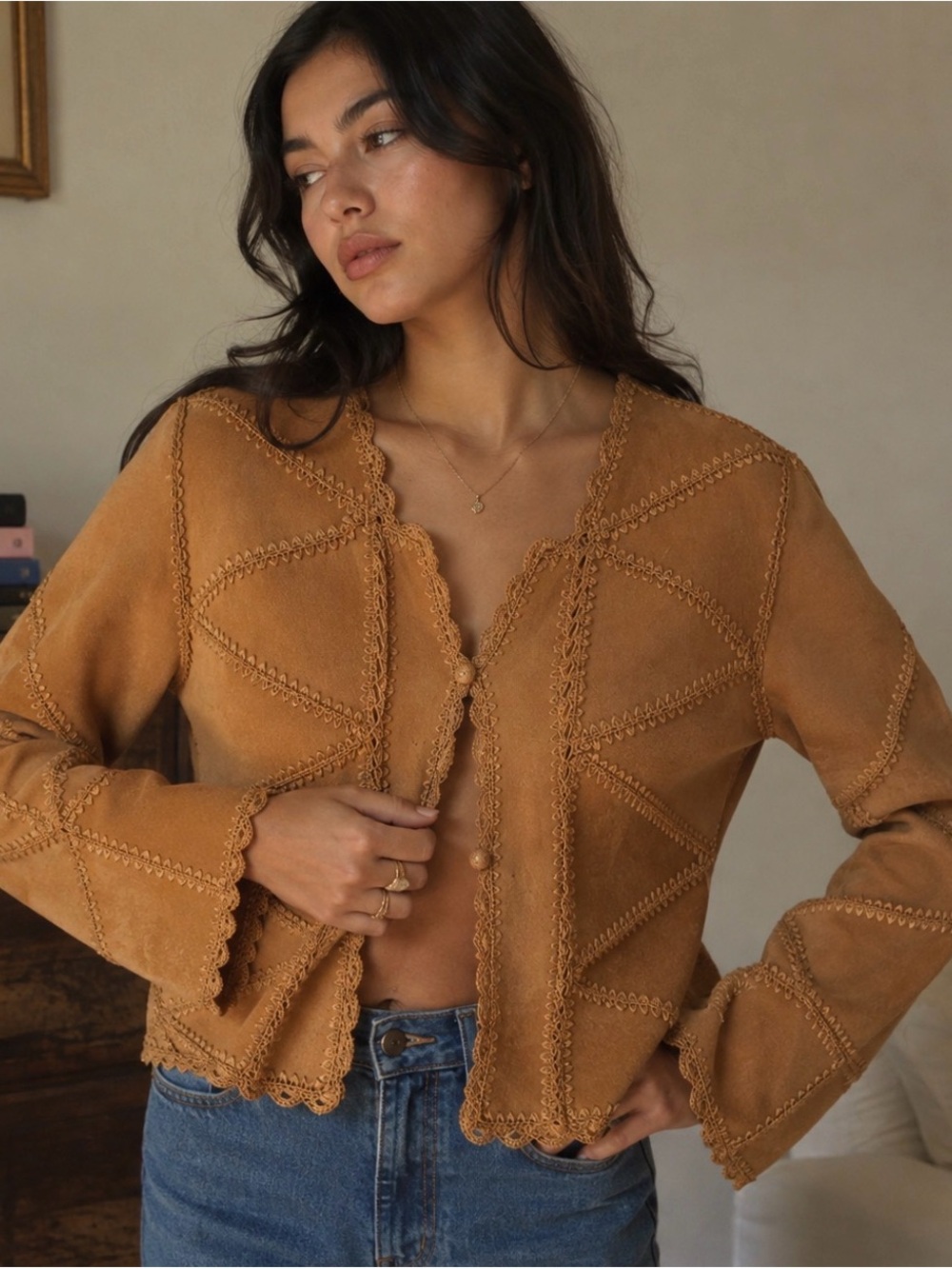 Crochet Leather Suede Jacket Camel Brown Boho Western Hippie Women’s Sz L FLAWS